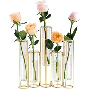 Gold Vases for Centerpieces, Test Tube Flower Vase with 5 Test Tubes, Gold Flower Vase with Metal Stand Racks Hydroponic, Glass Hinged Propagation Plant Vase for Wedding table Home Decor