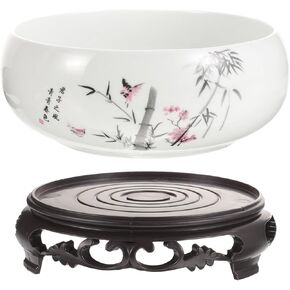 BESPORTBLE Ceramic Planter Bowl - Chinese Ceramic Fishbowl Planter Aquatic Plant Pot Round Succulent Planter Asian Shallow Bonsai Pots Chinese Daffodil Pot with Base