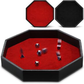 Wenqik 2 Pcs Dice Tray for Rolling 11.5 Inch Dice Case Black PU Leather Octagon Dice Holder Box Red Black Velvet Dice Mat for RPG DND Table Games Christmas Party Accessories, Without Dice