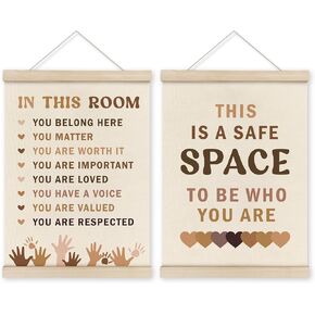HRQKO Safe Space Inspirational Poster Hanger Frame Set of 2, Mental Health Decor, Therapy Office Wall Art with Wooden Frames, Boho Motivational Wall Hanging Banner Decor for Classroom, 12x16 Inch