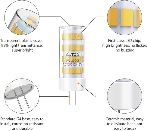 G4 12V LED Lights Bulbs 4W 3000K Warm White 6 Pack, AC/DC 12-48V 300 LM Bi-Pin 35W Halogen Equivalent Non-dimmable for Outdoor Landscape Path Stair Driveway, Indoor Under-Cabinet Ceiling Lighting in Saudi Arabia