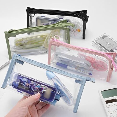 TIE-DailyNec 4 PCS Pencil Cases Pen Pouch Clear Transparent Marker Pouch with Zipper, Exam Pencil Storage Bag Travel Cosmetic Makeup Bag, Stationery Toiletries Organizer for Students Adults Teen in Kuwait