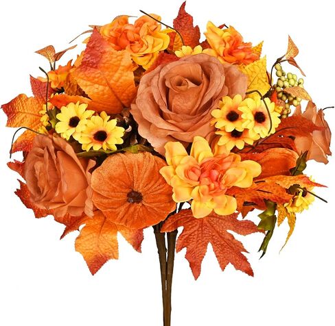 Fall Decor - Fall Flowers Artificial, Fake Roses Pumpkins for Autumn Decor, Faux Fall Floral Arrangements Stems for Home Fall Wedding Bouquet Table Centerpieces Thanksgiving Decoration, Orange in Saudi Arabia