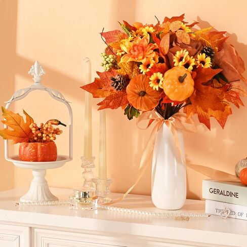 ديكور الخريف - زهور الخريف الاصطناعية، قرع الورود المزيفة لديكور الخريف، ترتيبات زهور الخريف الصناعية ينبع للمنزل باقة الزفاف الخريفية قطع مركزية لتزيين عيد الشكر، برتقالي in Kuwait