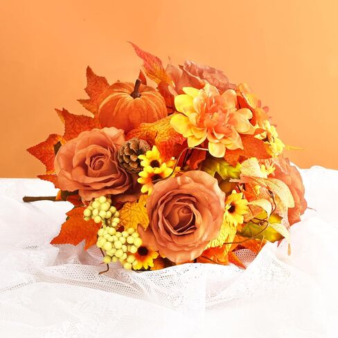 ديكور الخريف - زهور الخريف الاصطناعية، قرع الورود المزيفة لديكور الخريف، ترتيبات زهور الخريف الصناعية ينبع للمنزل باقة الزفاف الخريفية قطع مركزية لتزيين عيد الشكر، برتقالي in Kuwait