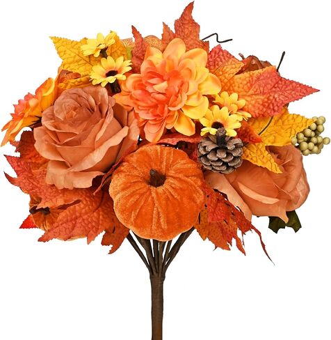 Fall Decor - Fall Flowers Artificial, Fake Roses Pumpkins for Autumn Decor, Faux Fall Floral Arrangements Stems for Home Fall Wedding Bouquet Table Centerpieces Thanksgiving Decoration, Orange in Saudi Arabia