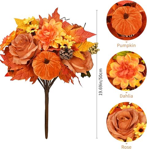 ديكور الخريف - زهور الخريف الاصطناعية، قرع الورود المزيفة لديكور الخريف، ترتيبات زهور الخريف الصناعية ينبع للمنزل باقة الزفاف الخريفية قطع مركزية لتزيين عيد الشكر، برتقالي in Kuwait