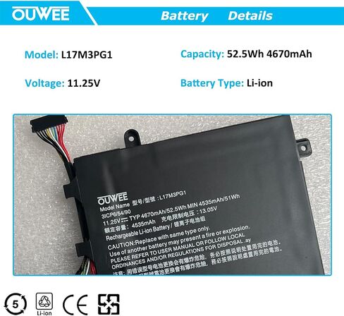 بطارية كمبيوتر محمول OUWEE L17M3PG2 متوافقة مع Lenovo Legion Y7000-2019 Y7000P-1060 Y530-15ICH-1060 Y540-15IRH Y540-17IRH Series L17C3PG2 5B10Q88555 5B10Q88559 11.52V 57Wh 4955mAh (طويلة) الخط) in Saudi Arabia