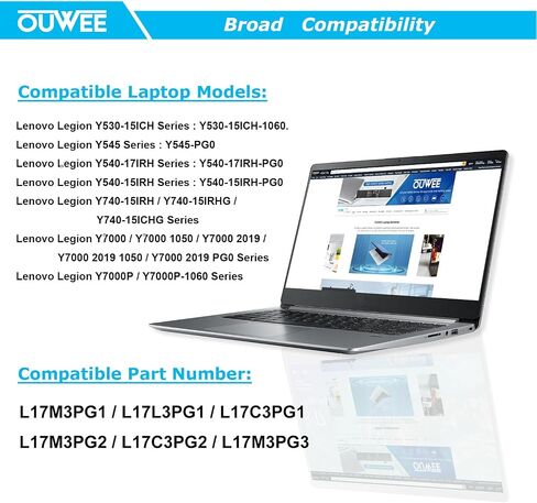 بطارية كمبيوتر محمول OUWEE L17M3PG2 متوافقة مع Lenovo Legion Y7000-2019 Y7000P-1060 Y530-15ICH-1060 Y540-15IRH Y540-17IRH Series L17C3PG2 5B10Q88555 5B10Q88559 11.52V 57Wh 4955mAh (طويلة) الخط) in Saudi Arabia
