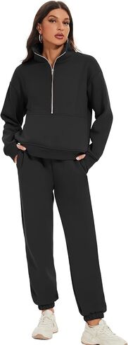 بدلة رياضية نسائية من الصوف من COZYPOIN مكونة من قطعتين سويت شيرت بنصف سحاب وسراويل ركض Y2K(أسود-S) in Kuwait