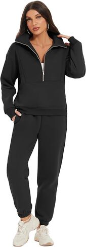 بدلة رياضية نسائية من الصوف من COZYPOIN مكونة من قطعتين سويت شيرت بنصف سحاب وسراويل ركض Y2K(أسود-S) in Kuwait