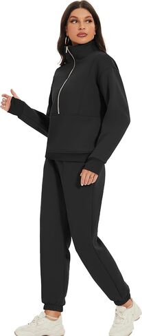 بدلة رياضية نسائية من الصوف من COZYPOIN مكونة من قطعتين سويت شيرت بنصف سحاب وسراويل ركض Y2K(أسود-S) in Kuwait