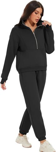 بدلة رياضية نسائية من الصوف من COZYPOIN مكونة من قطعتين سويت شيرت بنصف سحاب وسراويل ركض Y2K(أسود-S) in Kuwait