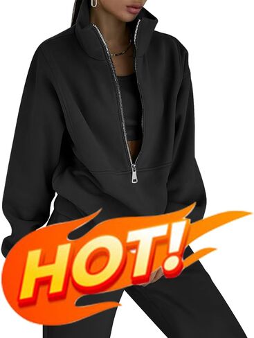 بدلة رياضية نسائية من الصوف من COZYPOIN مكونة من قطعتين سويت شيرت بنصف سحاب وسراويل ركض Y2K(أسود-S) in Kuwait