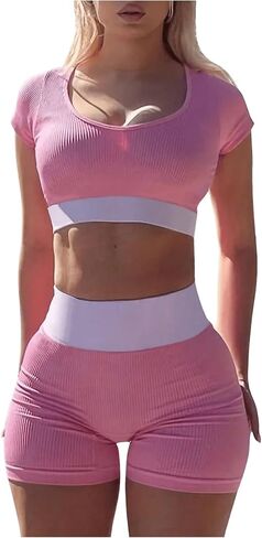 GORGLITTER Women's 2 Piece Outfits Short Sleeve Ribbed Crop Tops High Waisted Biker Shorts Set Tracksuits in Saudi Arabia