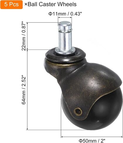 uxcell 2 Inch Ball Caster Wheels, 5pcs Stem Caster, 360 Degree Rotatable Caster Wheels for Furniture, Bronze Tone in Kuwait