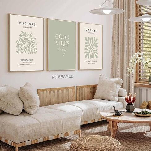 Hwetui Matisse Wall Art Set of 3 Sage Green Abstract Poster Canvas Prints Neutral Plant Leaves Painting Pictures Good Vibes Aesthetic Home Decor for Living Room Bedroom Bathroom 12''x16''Unframed in Saudi Arabia