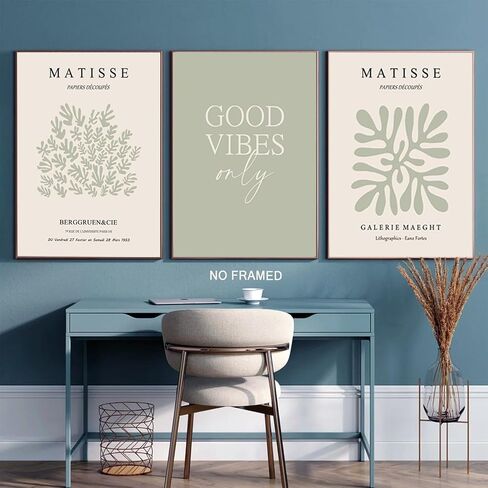 Hwetui Matisse Wall Art Set of 3 Sage Green Abstract Poster Canvas Prints Neutral Plant Leaves Painting Pictures Good Vibes Aesthetic Home Decor for Living Room Bedroom Bathroom 12''x16''Unframed in Saudi Arabia