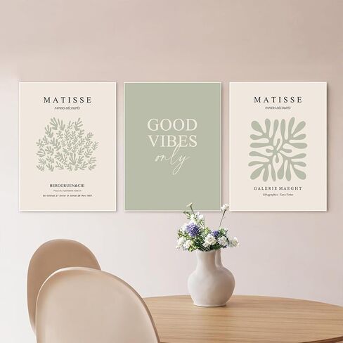 Hwetui Matisse Wall Art Set of 3 Sage Green Abstract Poster Canvas Prints Neutral Plant Leaves Painting Pictures Good Vibes Aesthetic Home Decor for Living Room Bedroom Bathroom 12''x16''Unframed in Saudi Arabia