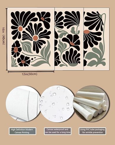 Hwetui Matisse جدار الفن مجموعة من 3 حكيم الأخضر مجردة ملصق قماش يطبع محايدة أوراق النبات اللوحة صور المشاعر الجيدة الجمالية ديكور المنزل لغرفة المعيشة غرفة نوم الحمام 12''x16''unframed in Kuwait