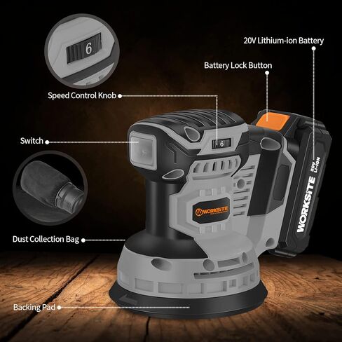 وورك سايت اداة صنفرة دوارة عشوائية لاسلكية 20 فولت ماكس متعددة الاغراض مع بطارية 2.0 امبير وشاحن و20 قرص صنفرة وجامع الغبار وقاعدة ماوس in Kuwait