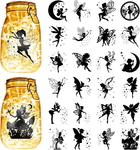 CREATCABIN 24Pcs Fairy Silhouettes Mason Jar Decor Lantern Laser Cutouts Ornaments Plastic Scrapbook Embellishment for Jars Wall Windows Glass Cars Decor DIY Crafts Gifts Black 3.9x3.5Inch in Kuwait