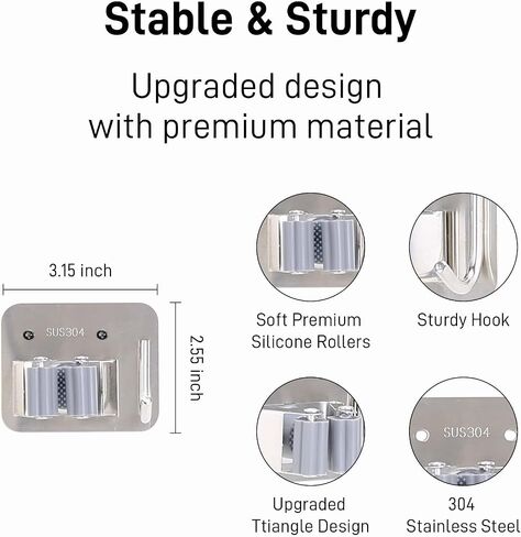 5 Pack Broom Holder Heavy Duty Stainless Steel Broom Hanger with Hooks Screw Drilling Rust Resistant Mop and Broom Holder Wall Mount for Bathroom Kitchen Laundry Room Garage - Silver in Saudi Arabia