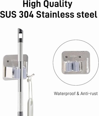 5 Pack Broom Holder Heavy Duty Stainless Steel Broom Hanger with Hooks Screw Drilling Rust Resistant Mop and Broom Holder Wall Mount for Bathroom Kitchen Laundry Room Garage - Silver in Saudi Arabia