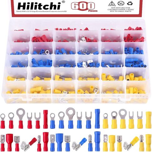 Hilitchi 600Pcs 22-10 Gauge Electrical Insulated Ring Bullet Butt Spade Fork Splice Crimp Wire Terminals Connectors Assorted Kit in Saudi Arabia