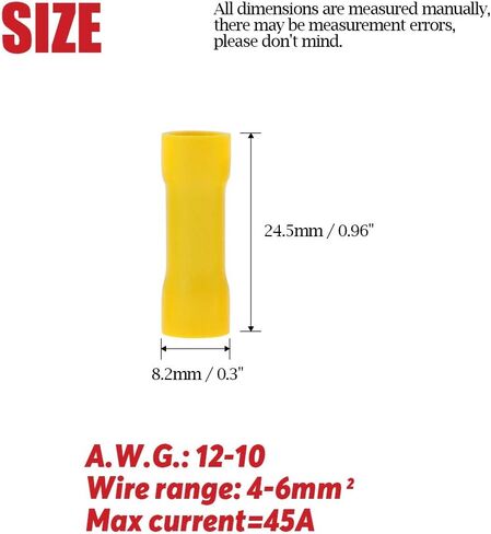 Hilitchi 100pcs 12-10 Gauge Butt Insulated Splice Terminals Electrical Wire Crimp Connectors (Yellow / 12-10AWG) in Saudi Arabia