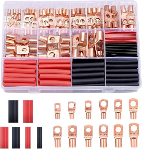 240pcs Copper Wire Lugs Battery Terminals Battery Cable Ends, AWG 2 4 6 8 10/12 Gauge Wire Connectors, 110Pcs Wire Lugs Terminal Connectors with 130Pcs Heat Shrink Tubing for Marine Electrical in Saudi Arabia