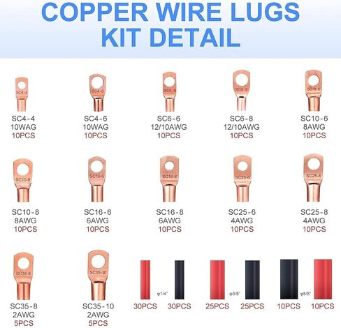 240pcs Copper Wire Lugs Battery Terminals Battery Cable Ends, AWG 2 4 6 8 10/12 Gauge Wire Connectors, 110Pcs Wire Lugs Terminal Connectors with 130Pcs Heat Shrink Tubing for Marine Electrical in Saudi Arabia