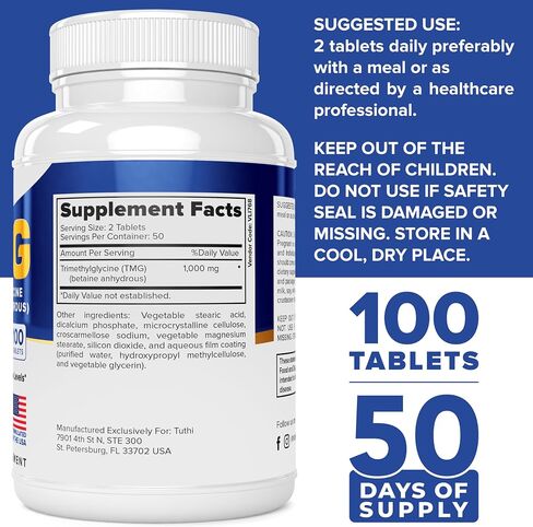 TMG Supplements – Trimethylglycine Betaine 1000mg Supports Healthy Homocysteine Levels, Blood Pressure & Cardiovascular Support – 100 Vegan-Friendly Tablets – Gluten-Free, Non-GMO, US Made in Saudi Arabia