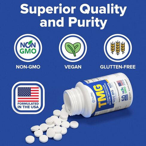 TMG Supplements – Trimethylglycine Betaine 1000mg Supports Healthy Homocysteine Levels, Blood Pressure & Cardiovascular Support – 100 Vegan-Friendly Tablets – Gluten-Free, Non-GMO, US Made in Saudi Arabia