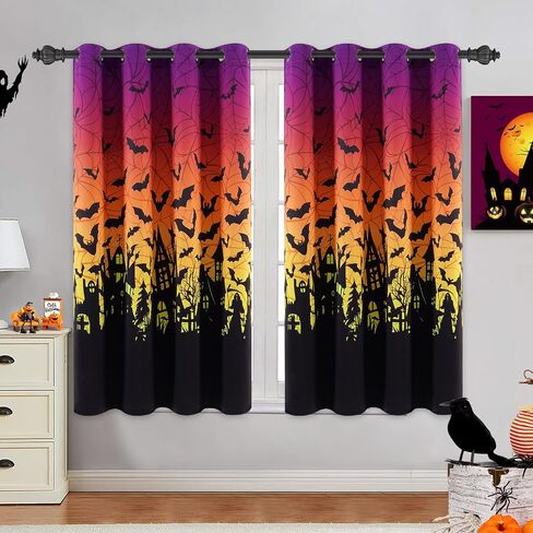 ASPMIZ Halloween Ombre Curtains for Living Room, Spider Web Bat Window Curtains 63 Inch Length 2 Panels Set, Purple Orange Gradient Grommet Blackout Drapes for Halloween Party Bedroom (52" W x 63" L) in Saudi Arabia