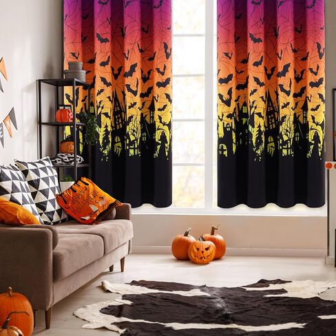 ASPMIZ Halloween Ombre Curtains for Living Room, Spider Web Bat Window Curtains 63 Inch Length 2 Panels Set, Purple Orange Gradient Grommet Blackout Drapes for Halloween Party Bedroom (52" W x 63" L) in Saudi Arabia