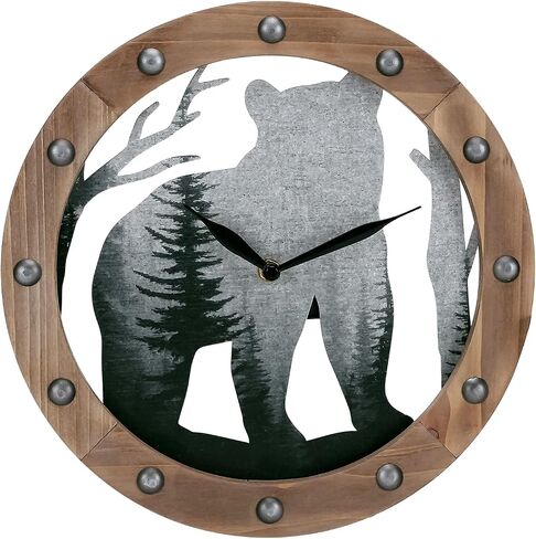 NIKKY HOME Wooden Bear Wall Clock, Silent Hollow Forest Bear Wall Hanging Clock for Home Cabin Farmhouse -12 inch in Saudi Arabia