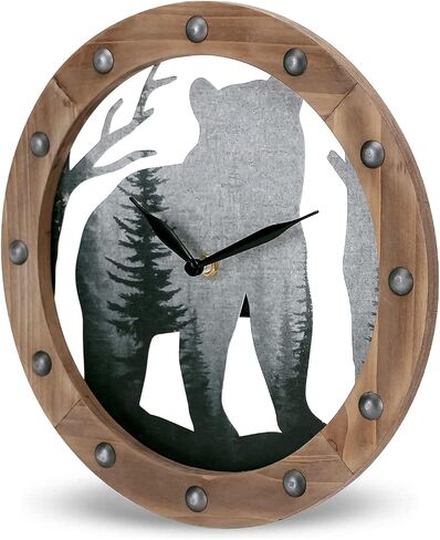 NIKKY HOME Wooden Bear Wall Clock, Silent Hollow Forest Bear Wall Hanging Clock for Home Cabin Farmhouse -12 inch in Saudi Arabia