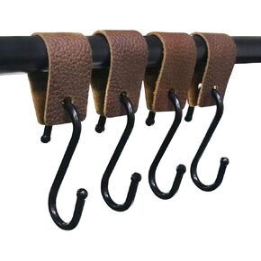 Leather S-Hooks 4PCS Brown S Shaped Leather Hooks for Kitchen, Bathroom, Bedroom and Office, Camping Hook Hanger, Leather Hooks