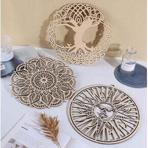 3 Pcs Crystal Grid Boards, 11.8 Inches Sacred Geometry Wall Art Set, Tree of Life, Sun, Flower of Life, Mandala, Chakra Meditation Yoga Ancient Wooden Wall Decor for Room Hanging Spiritual Gift