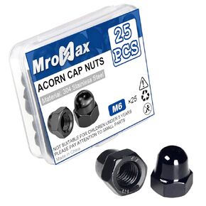 MroMax M6 Black Acorn Cap Nuts 304 Stainless Steel 18-8 Dome Head Hex Nuts for Fasteners Bright Finish 25Pcs