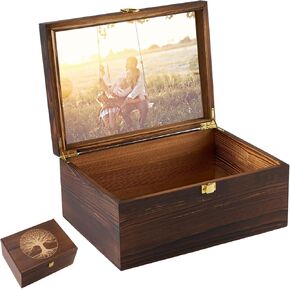 Tree of Life Larger Wooden Memory Keepsake Boxes With Hinged Lids and a photo frame inside the lid - Decorative Storage Box With a Hinge Lids For Picture Letter Time Capsule - 5.3“*8.6"*11.7“