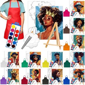 Cholemy 12 Sets Pre Painted Canvas Painting Supplies 8'' x 10'' Pre Drawn Christmas Canvas Wood Easels Watercolor Paint Sets Apron Brush Palettes for Paint Christmas Valentines Party Favor