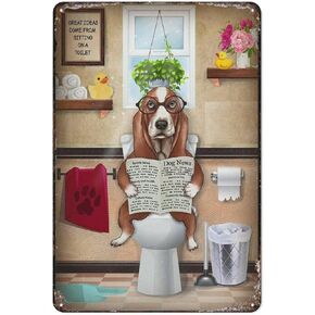 Retro Tin Sign Basset Hound Dog Read Newspaper Toilet Bathroom Funny Funny Vintage Decor For Home Bar Room Diner Garage Kitchen, 8X12 Inches