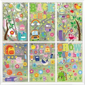 9PCS Back to School Window Clings for Glass Window Removable, Flower Pencil Book Window Clings for Classroom Decorations First Day of School Sticker for Back to School Supplies Decoration