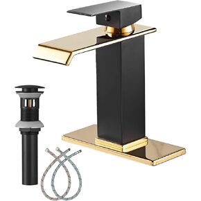 Black Gold Bathroom Faucets Waterfall Spout Basin Sink Faucet with Overflow Drain Assembly Single Handle Bathroom Vanity Sink Faucet with Deck Plate 1-3 Holes Vanity Lavatory Deck Mounted Farmhouse