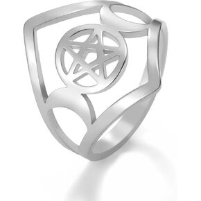 TEAMER Triple Moon Goddess Ring Stainless Steel Amulet Wicca Pentagram Ring Pagan Jewelry for Women