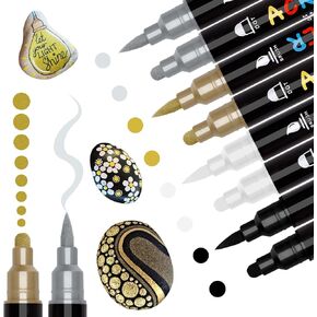 Black White Silver Gold Paint Marker, 8 Pack Dual Tip Acrylic Paint Pens with Medium Tip and Brush Tip, Ideal for Wood, Rock Painting, Canvas, Stone, Glass, Ceramic