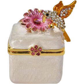 Bird Flower Trinket Jewelry Box Hinged Golden Crystal Enameled Ring Case Keepsake Speical Day Gifts for Women