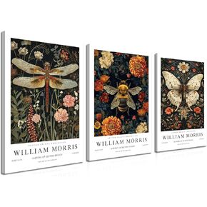 William Morris Canvas Wall Art Set of 3, Vintage Animal Bee Butterfly Dragonfly Posters Prints, Botanical Nature Flower Wall Decor Painting for Living Room Bedroom Bathroom 16x24 In Framed